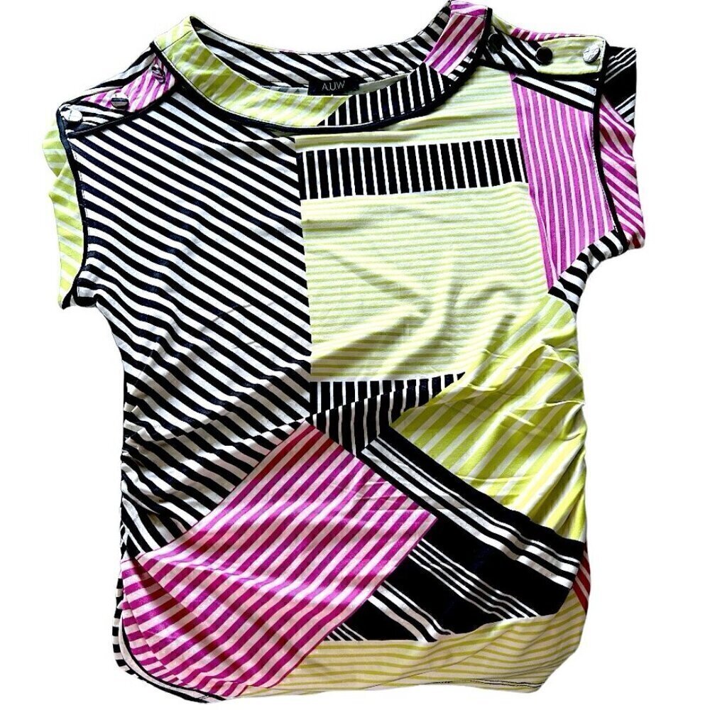 NWOT Womens Geo Print Striped Woven Top Silver Shoulder Buttons Gathered Waist S